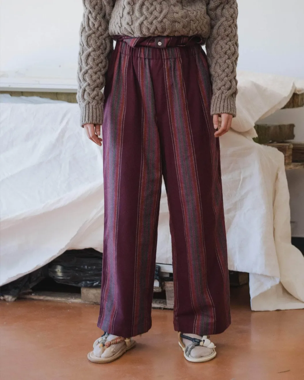 Baserange Claude Pants Maroon Stripe front view on model