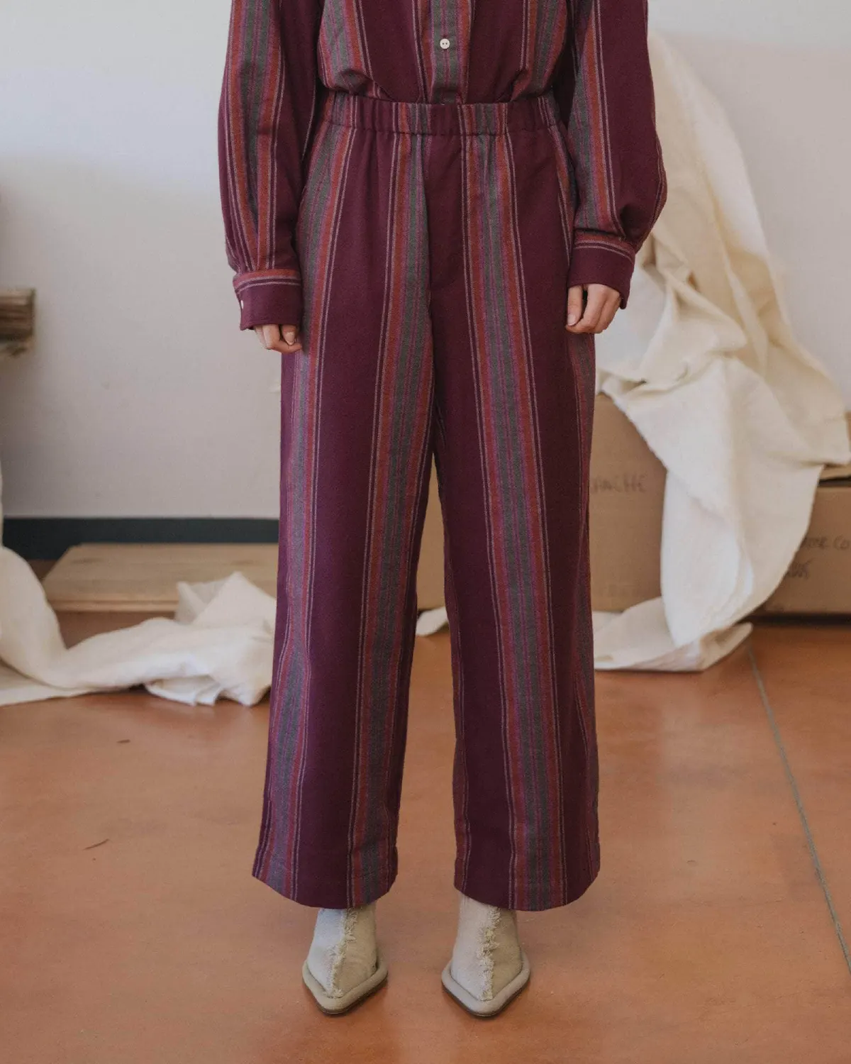 Baserange Claude Pants Maroon Stripe front view on model