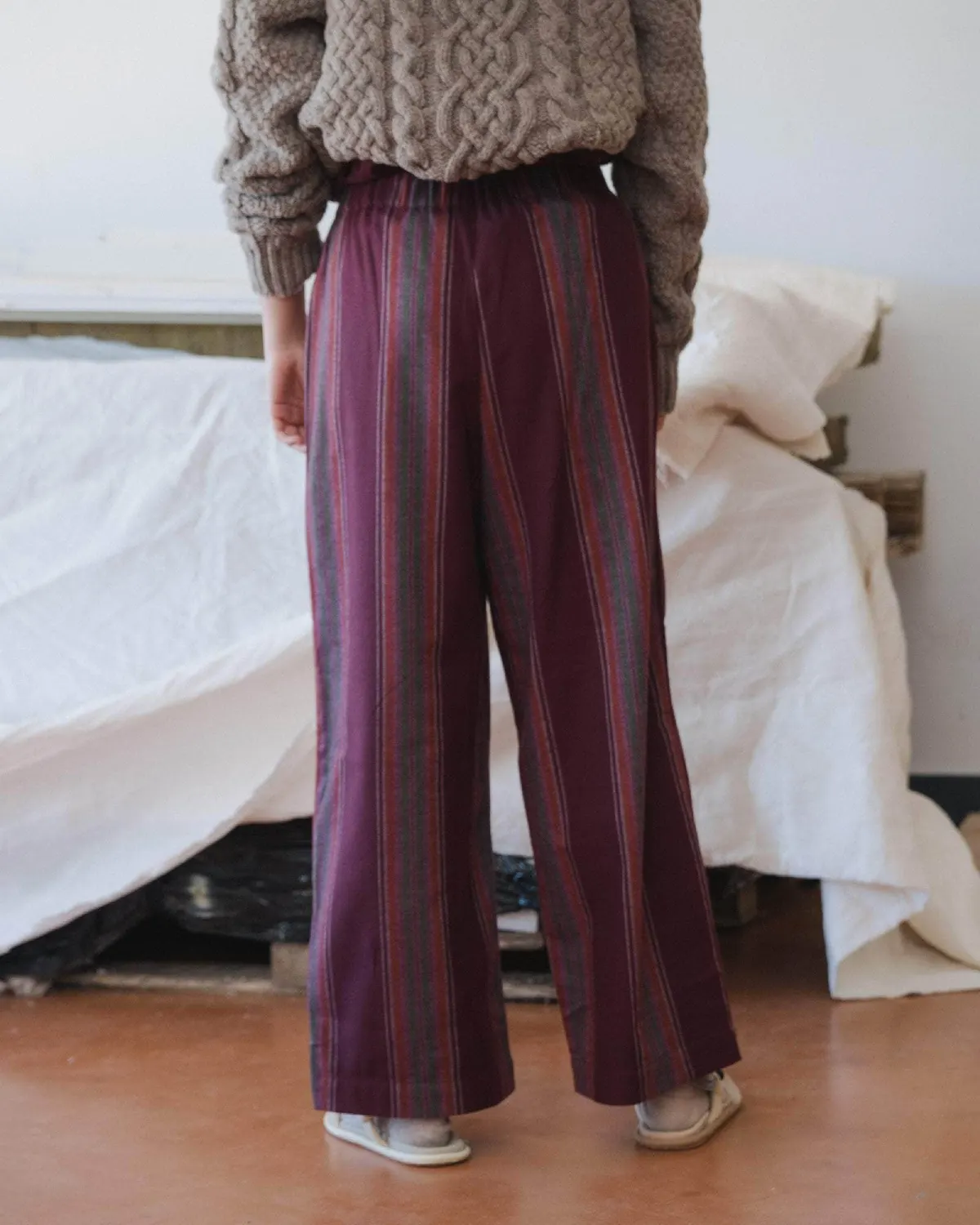 Baserange Claude Pants Maroon Stripe back view on model
