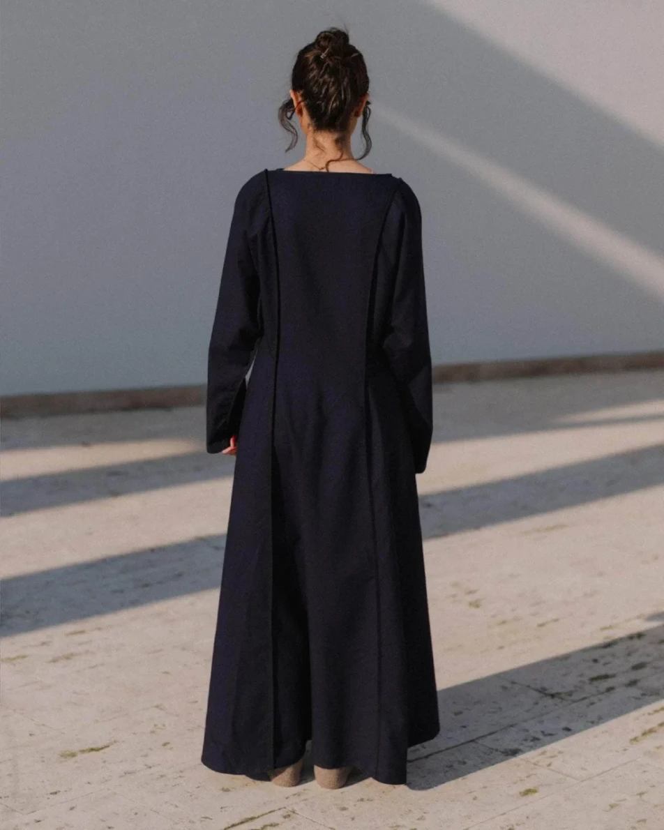 Baserange Nika Dress Dama Navy back view on model