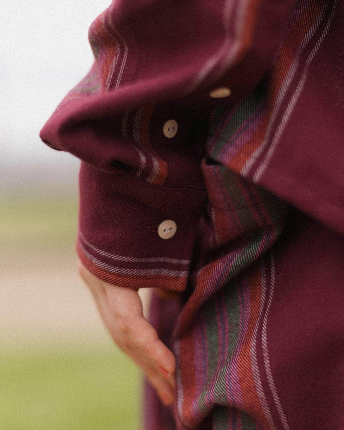 Baserange Snell Shirt Maroon Stripe cuff detail