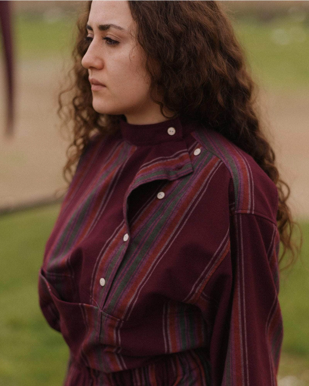 Baserange Snell Shirt Maroon Stripe front view on model