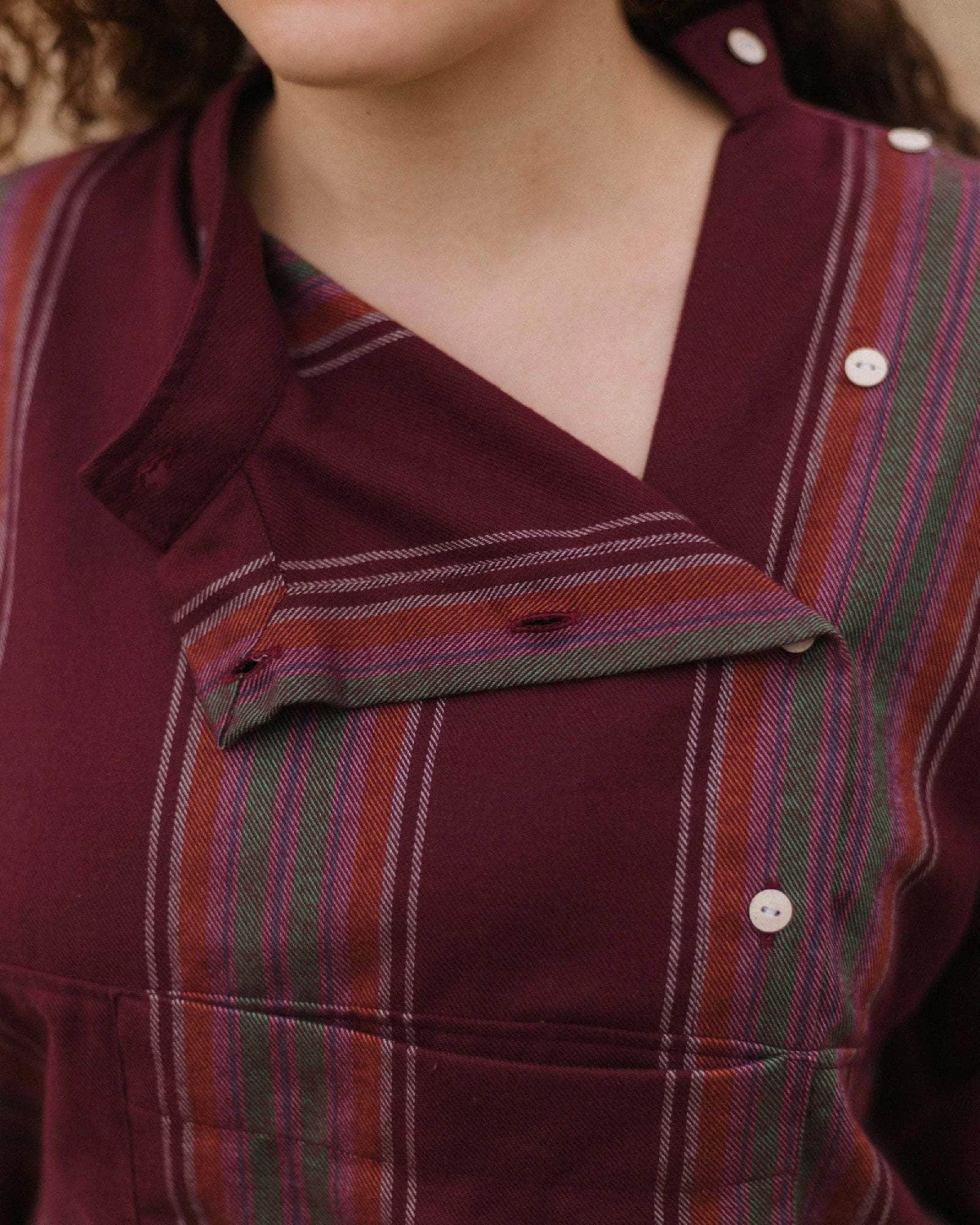 Baserange Snell Shirt Maroon Stripe front view on model