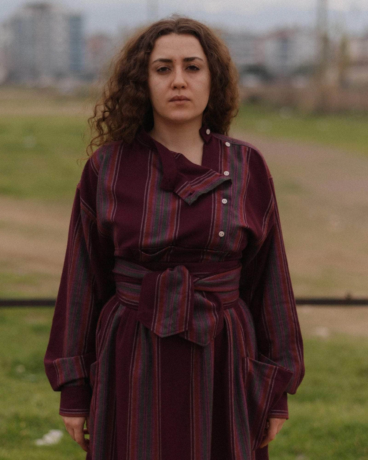 Baserange Snell Shirt Maroon Stripe front view on model