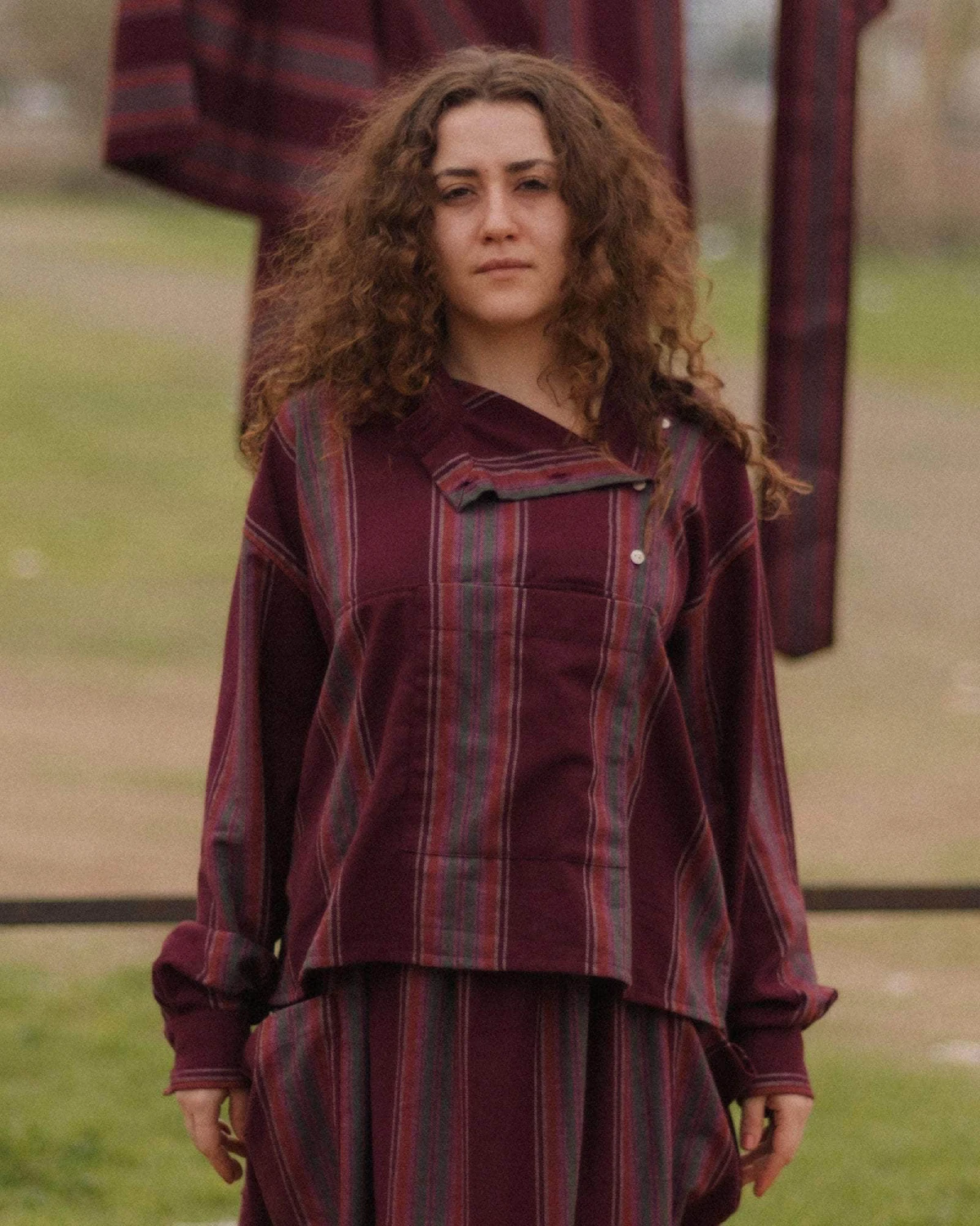 Baserange Snell Shirt Maroon Stripe front view on model