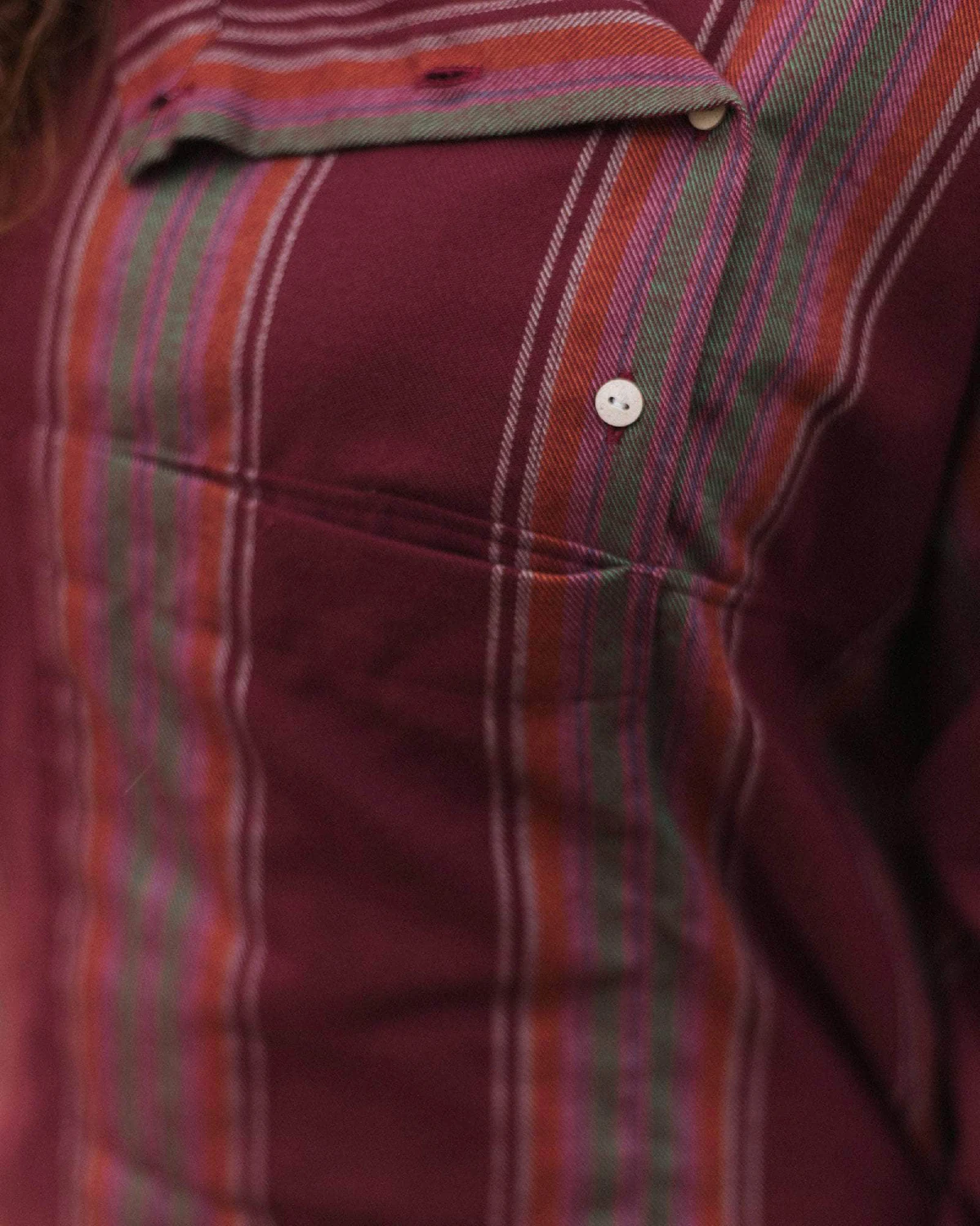 Baserange Snell Shirt Maroon Stripe front view on model