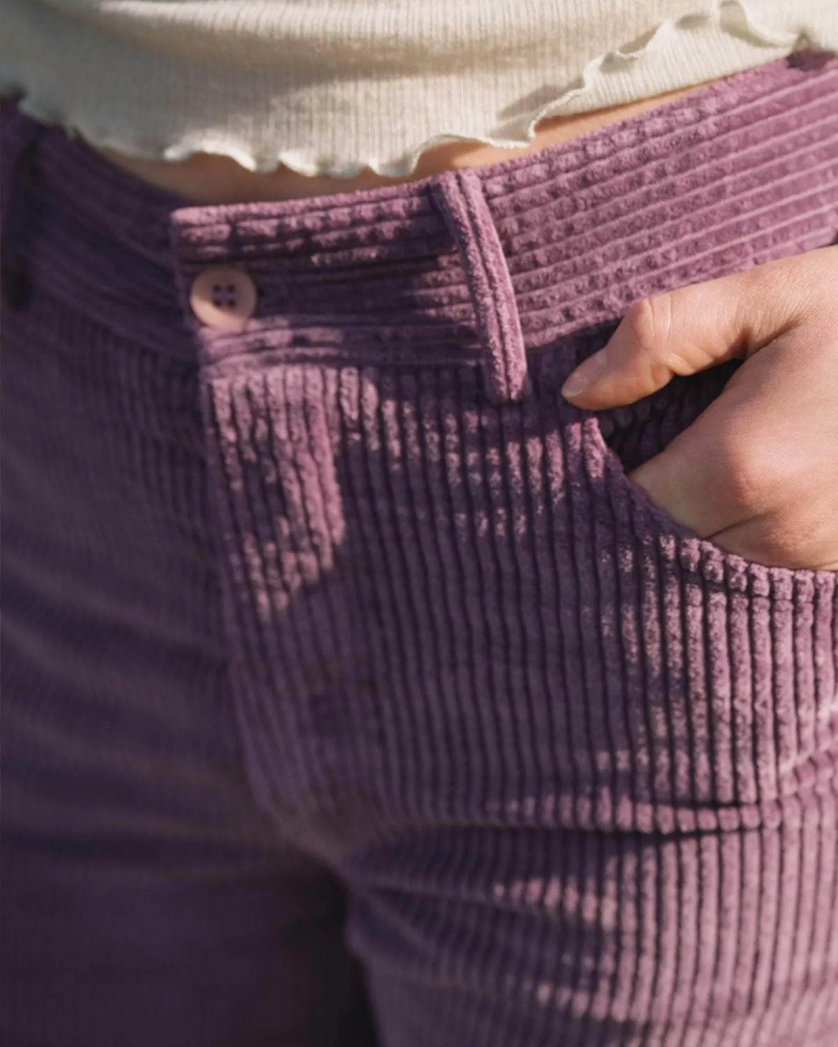 Baserange Tajo Wide Pants Cue Purple front view detail on model