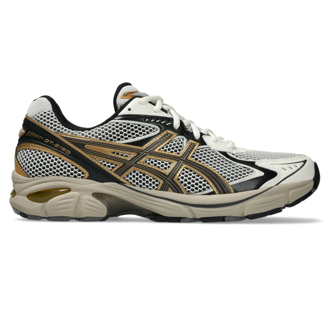 Asics GT-2160 Cream/Pure Gold side view in a white background