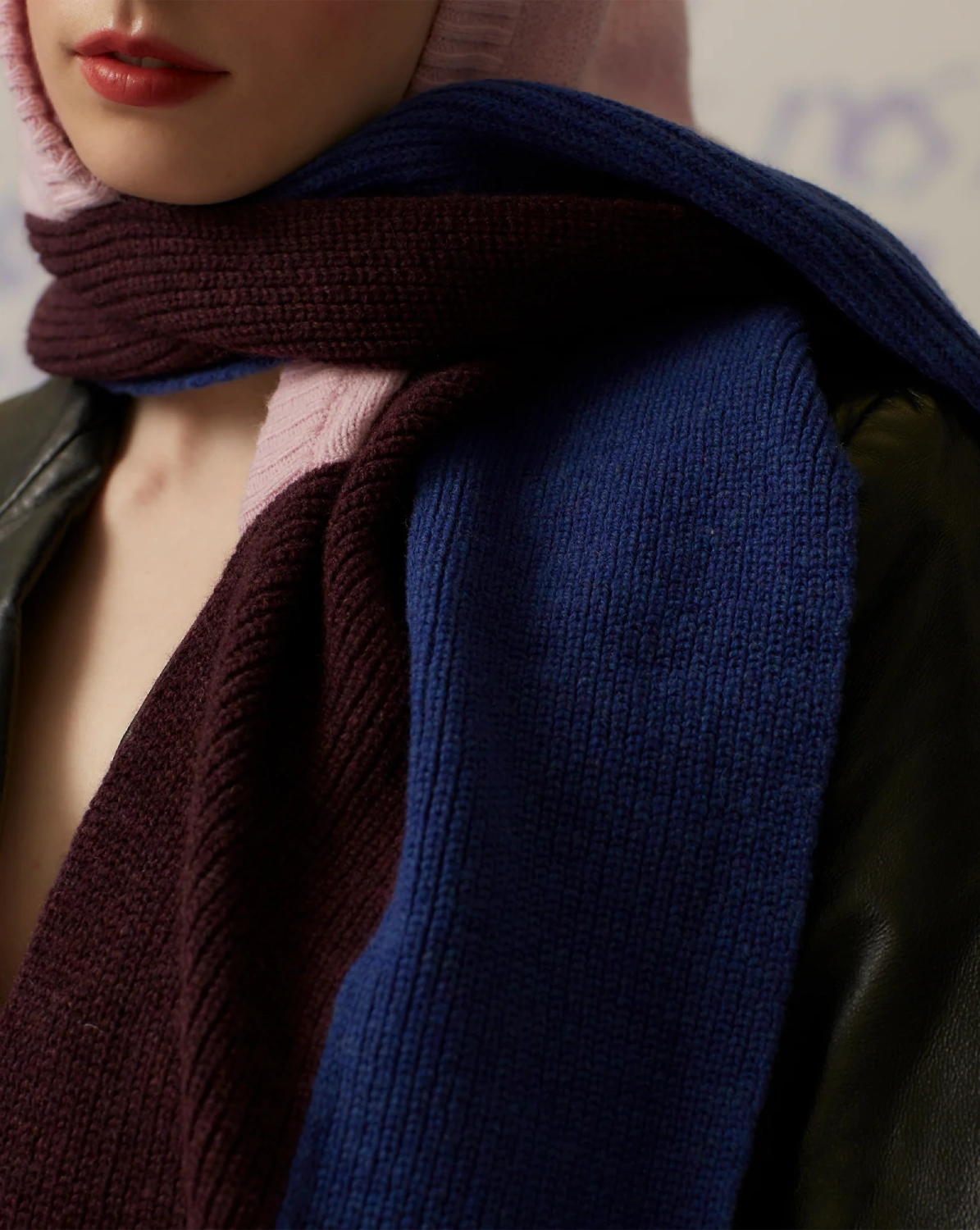 Hades Wool Hooded Scarf Pink on model