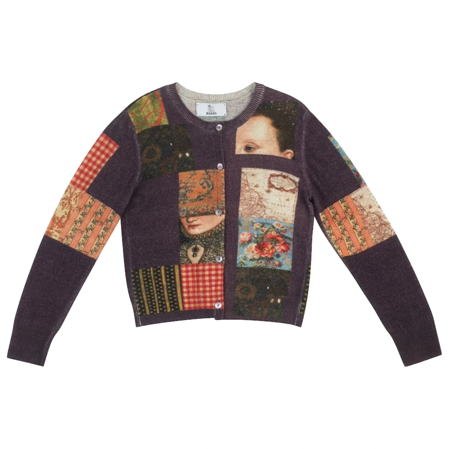 Hades Wool The Opposites Patchwork Cardigan front view in a white background