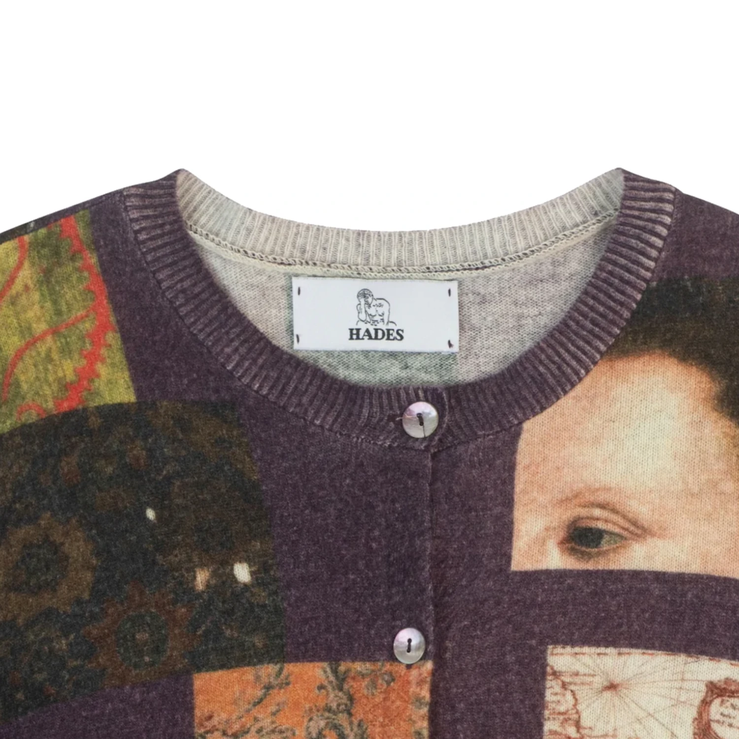 Hades Wool The Opposites Patchwork Cardigan front view detail in a white background