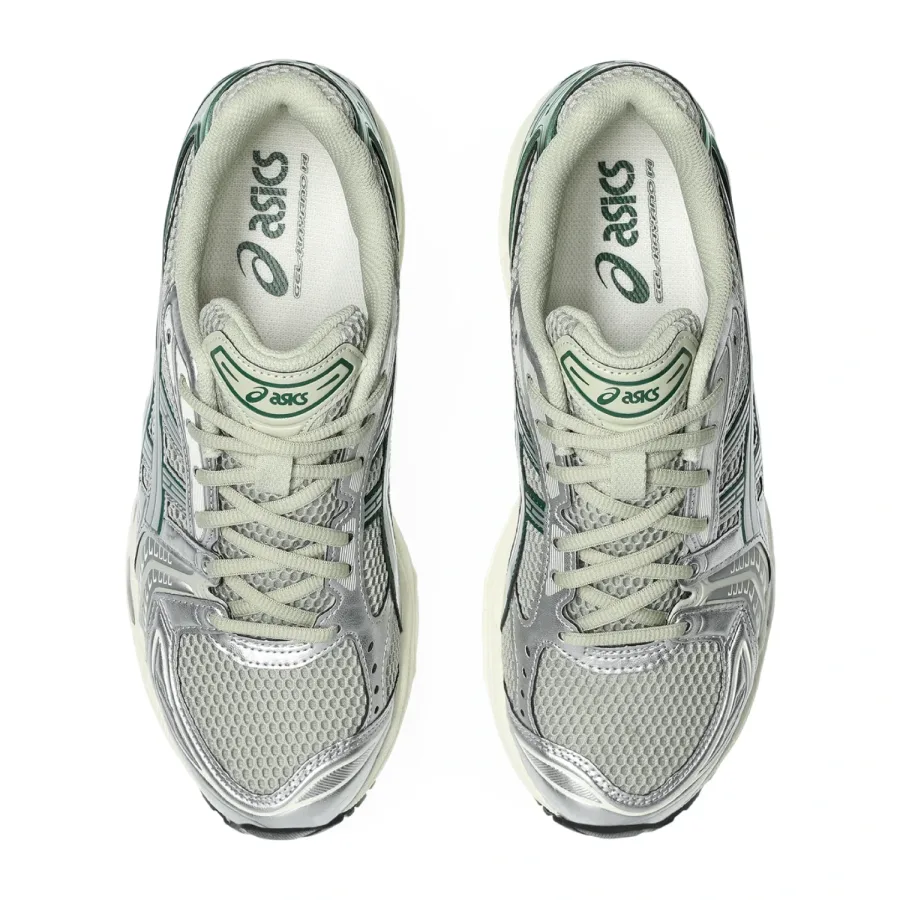 Asics GEL Kayano 14 Dried Leaf/Pure Silver top view in a white background
