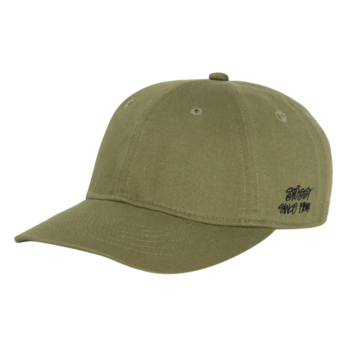 Stüssy Low Profile 1980 Strapback Cap Olive side view in a white background