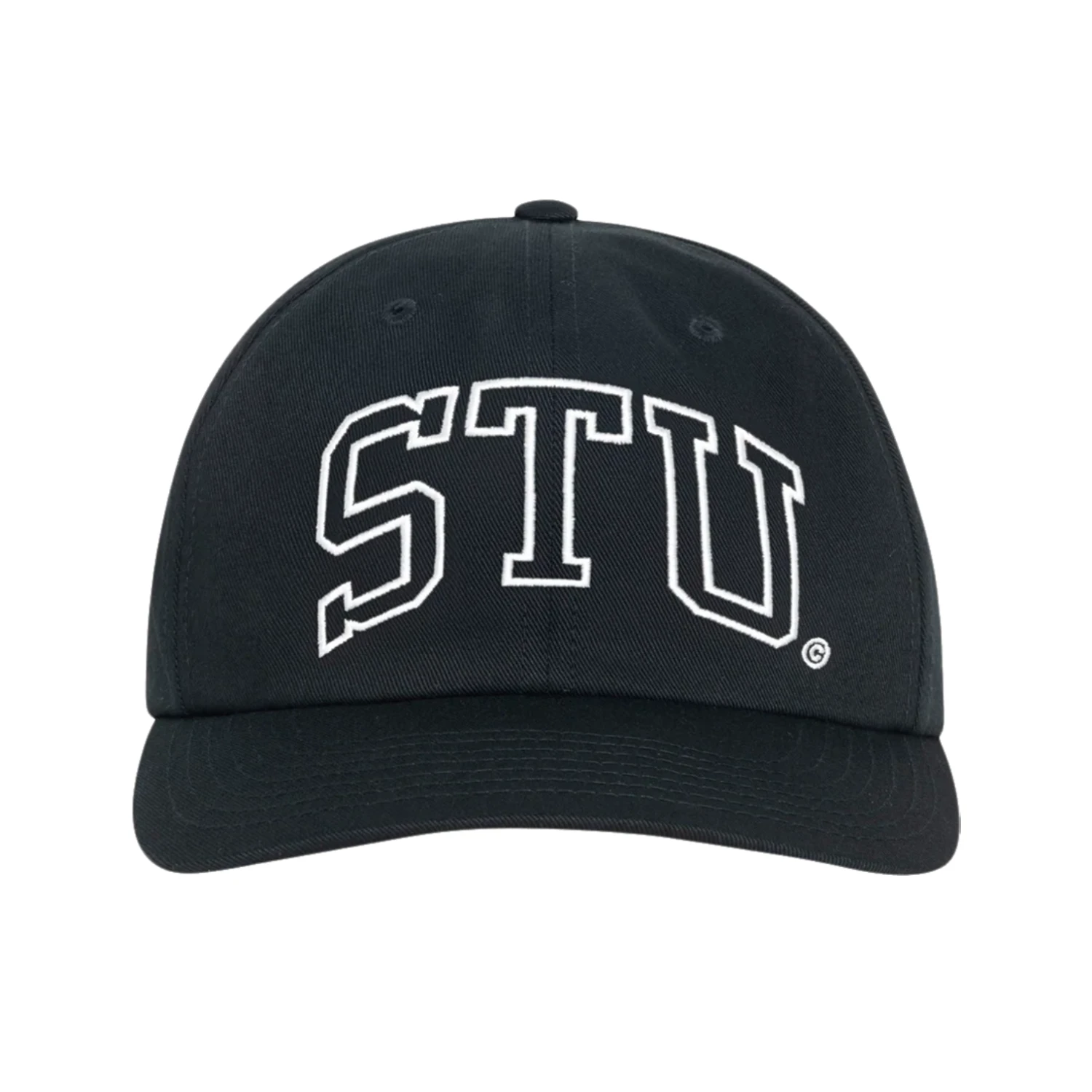 STU Arch Strapback Cap Black front view in a white background