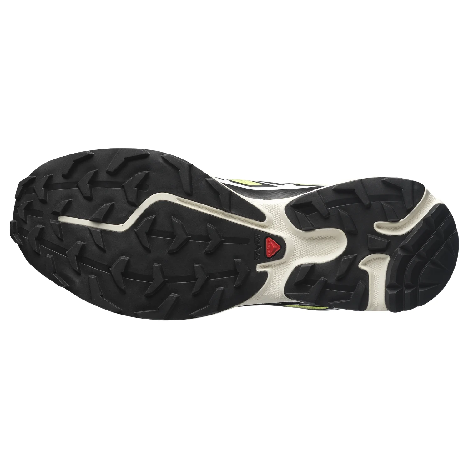 Salomon XT 6 Skyline Black/Maritime bottom view in a white background