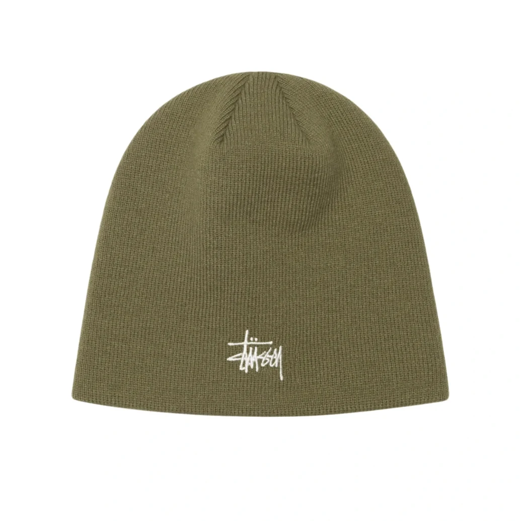 Stussy Skullcap Beanie Light Olive front view in a white background