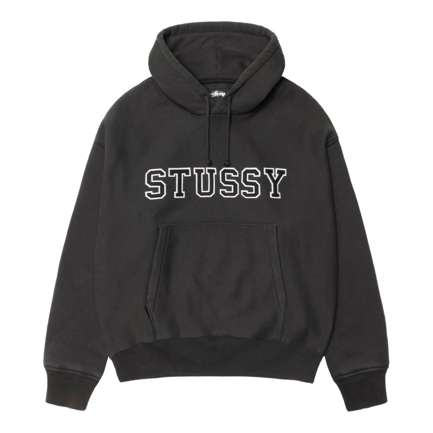 Stussy Felt Applique Hoodie Black front view in a white background