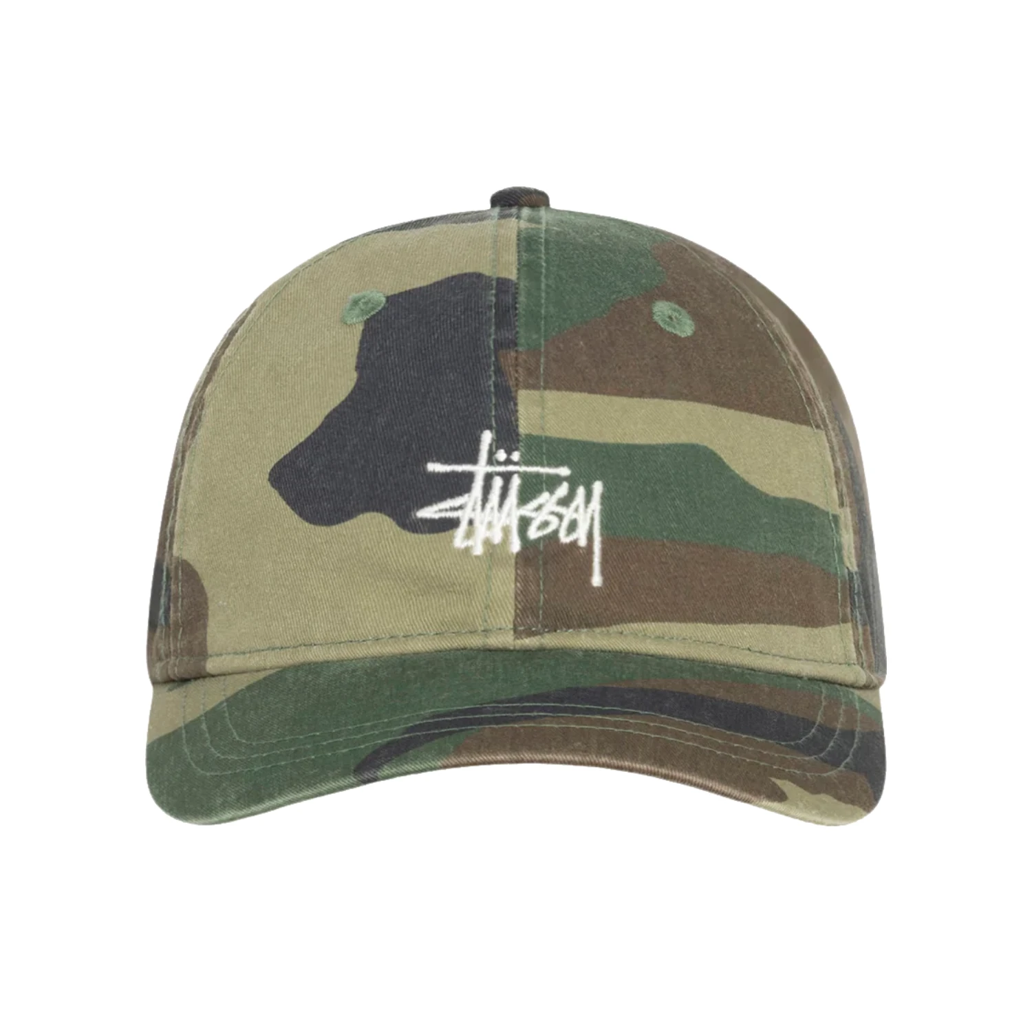 Stüssy Basic Cap Washed Woodland Camo front view in a white background