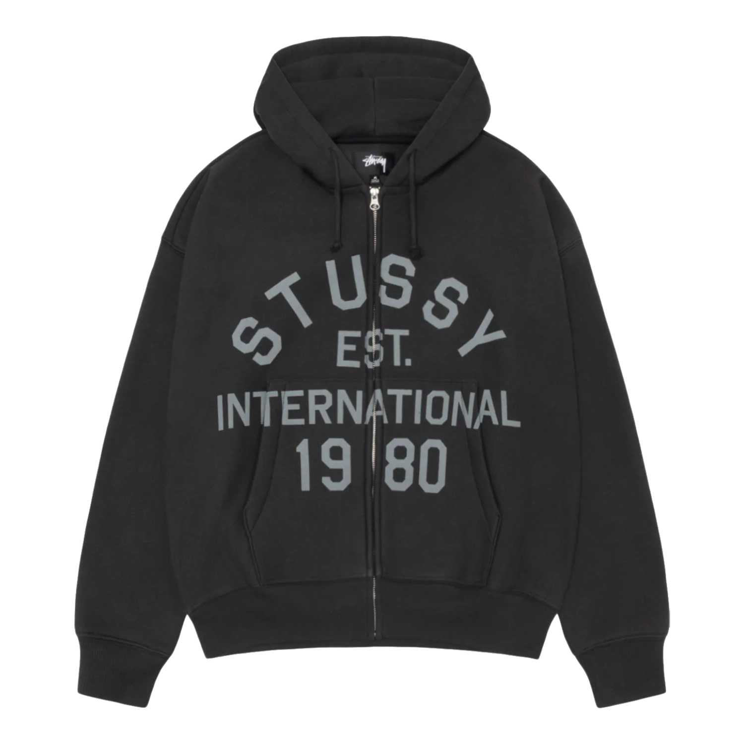 Stussy Established Zip Hoodie Black front view in a white background