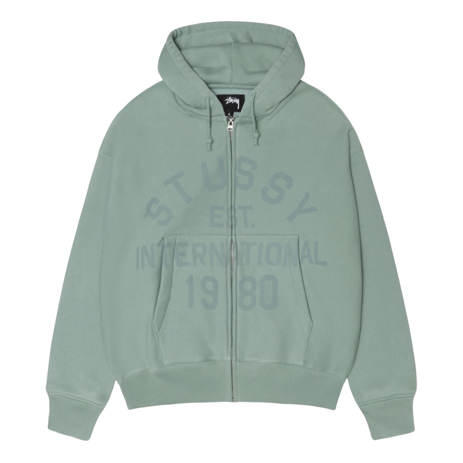 Stussy Established Zip Hoodie Grey Green front view in a white background