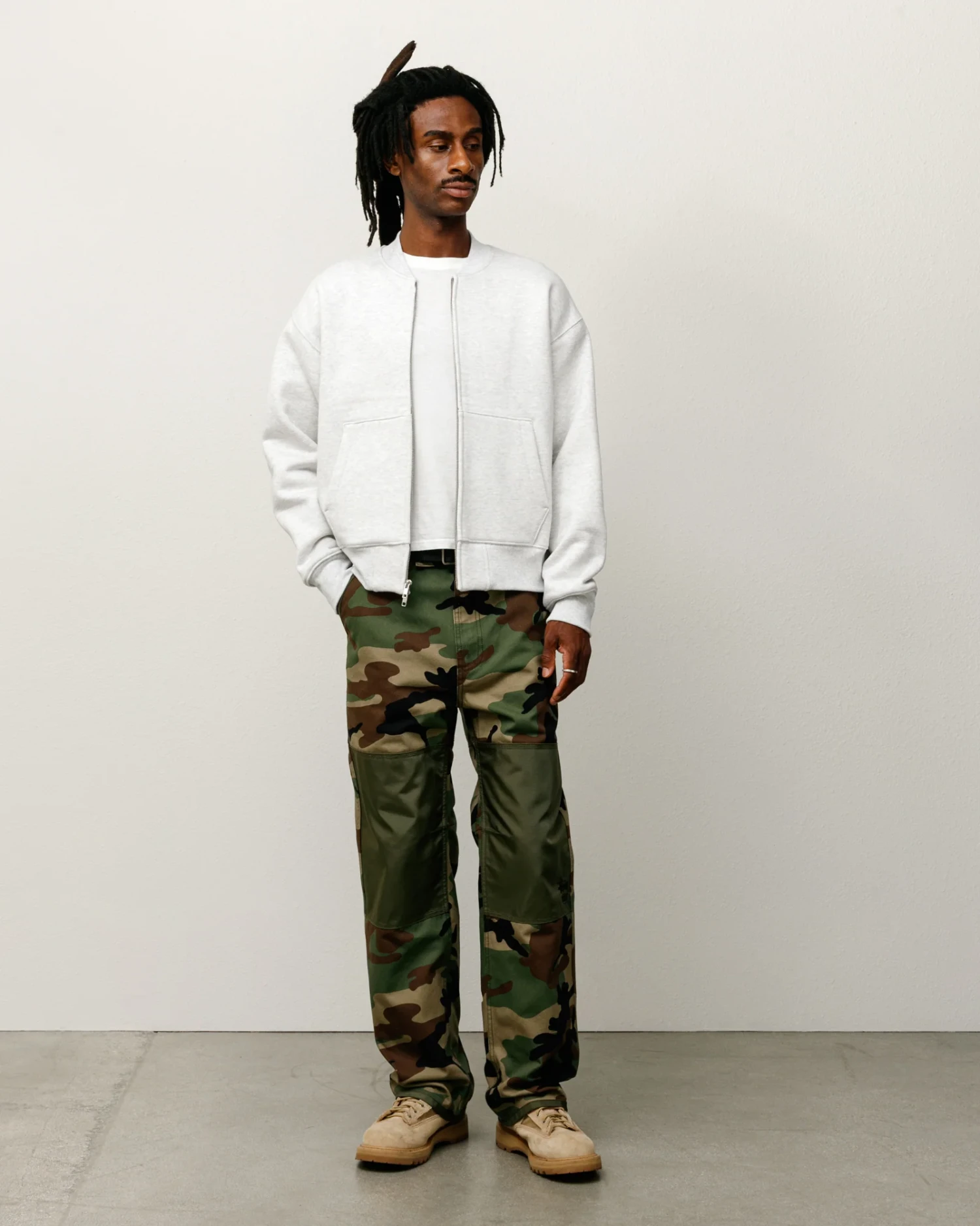 Stussy Utility Pant Woodland Camo front view on model