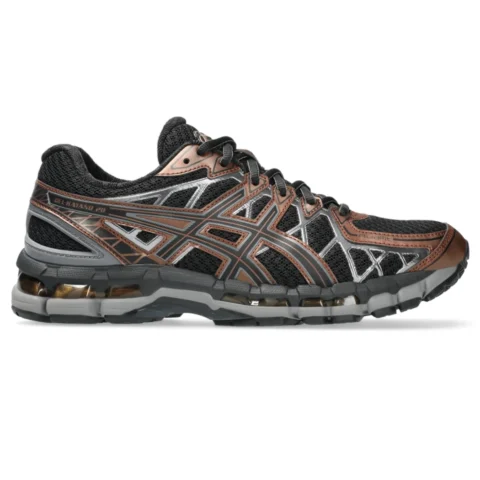 Asics GEL Kayano 20 Black/Reddish Brown side view in a white background