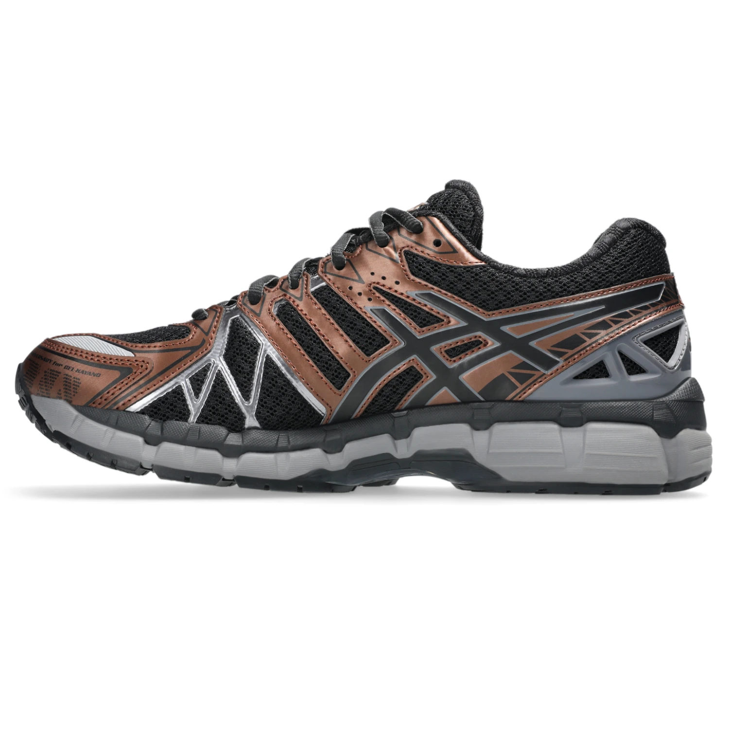Asics GEL Kayano 20 Black/Reddish Brown side view in a white background