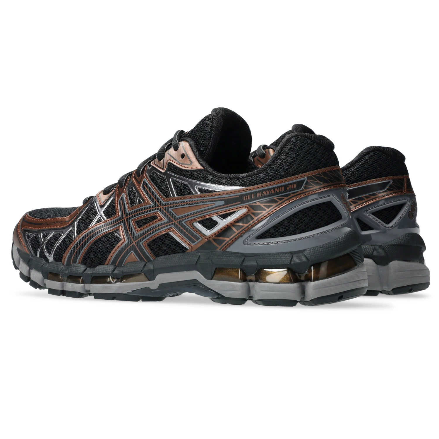 Asics GEL Kayano 20 Black/Reddish Brown side view in a white background