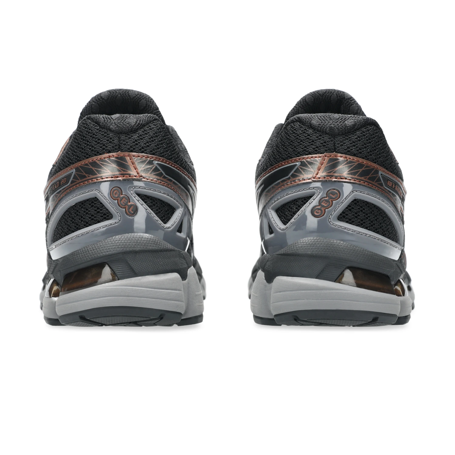 Asics GEL Kayano 20 Black/Reddish Brown back view in a white background