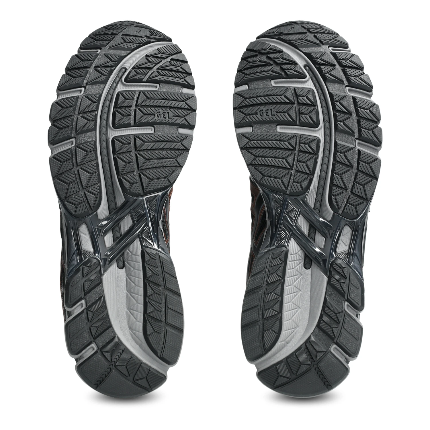 Asics GEL Kayano 20 Black/Reddish Brown bottom view in a white background