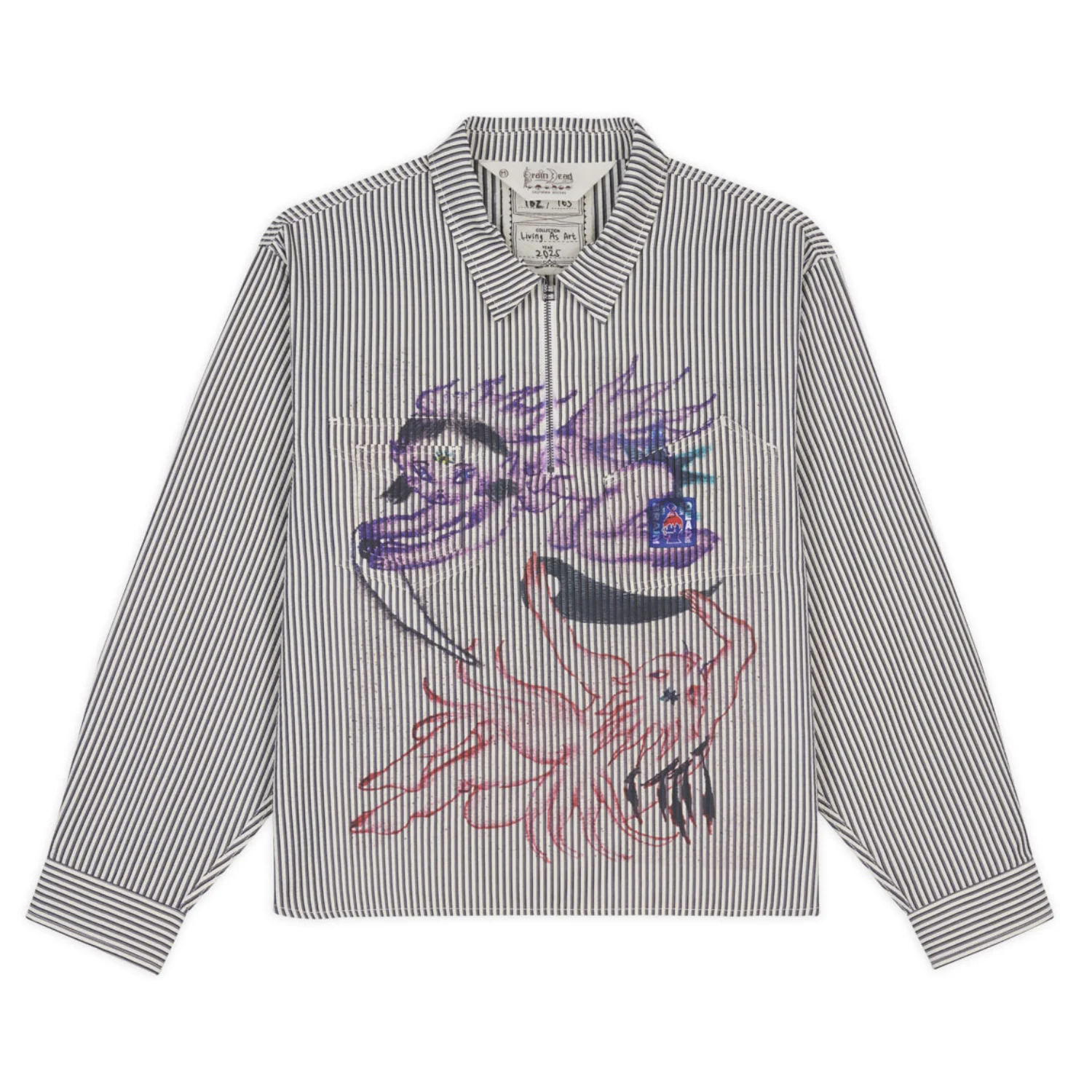 Brain Dead Angel Striped Half Zip Work Shirt Natural front view in a white background