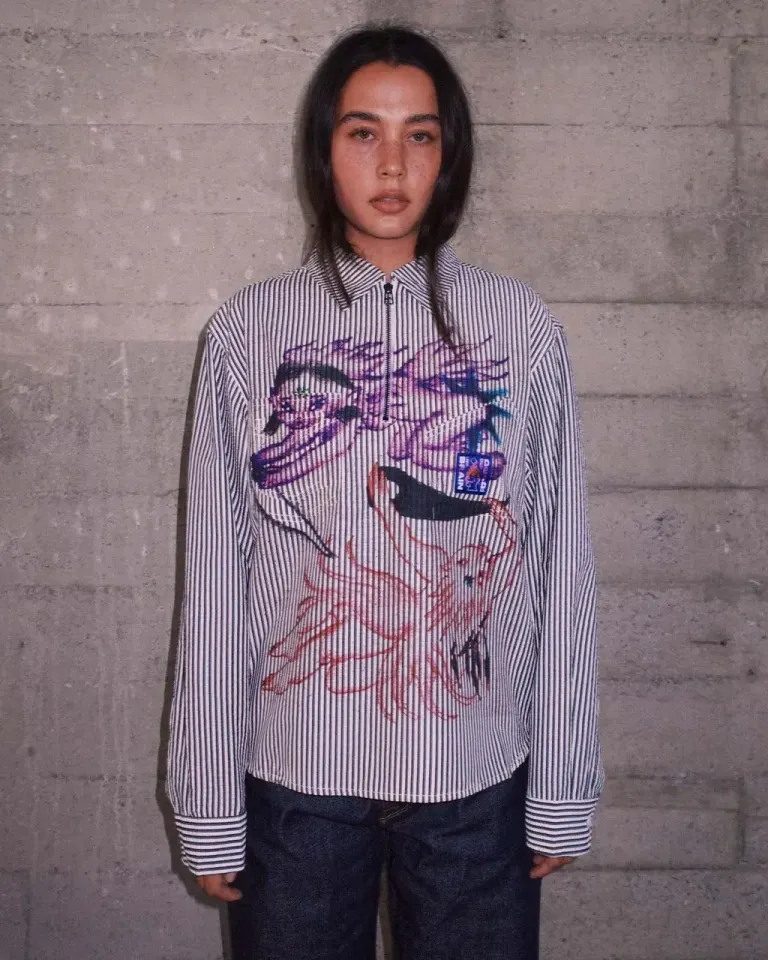 Brain Dead Angel Striped Half Zip Work Shirt Natural front view on model