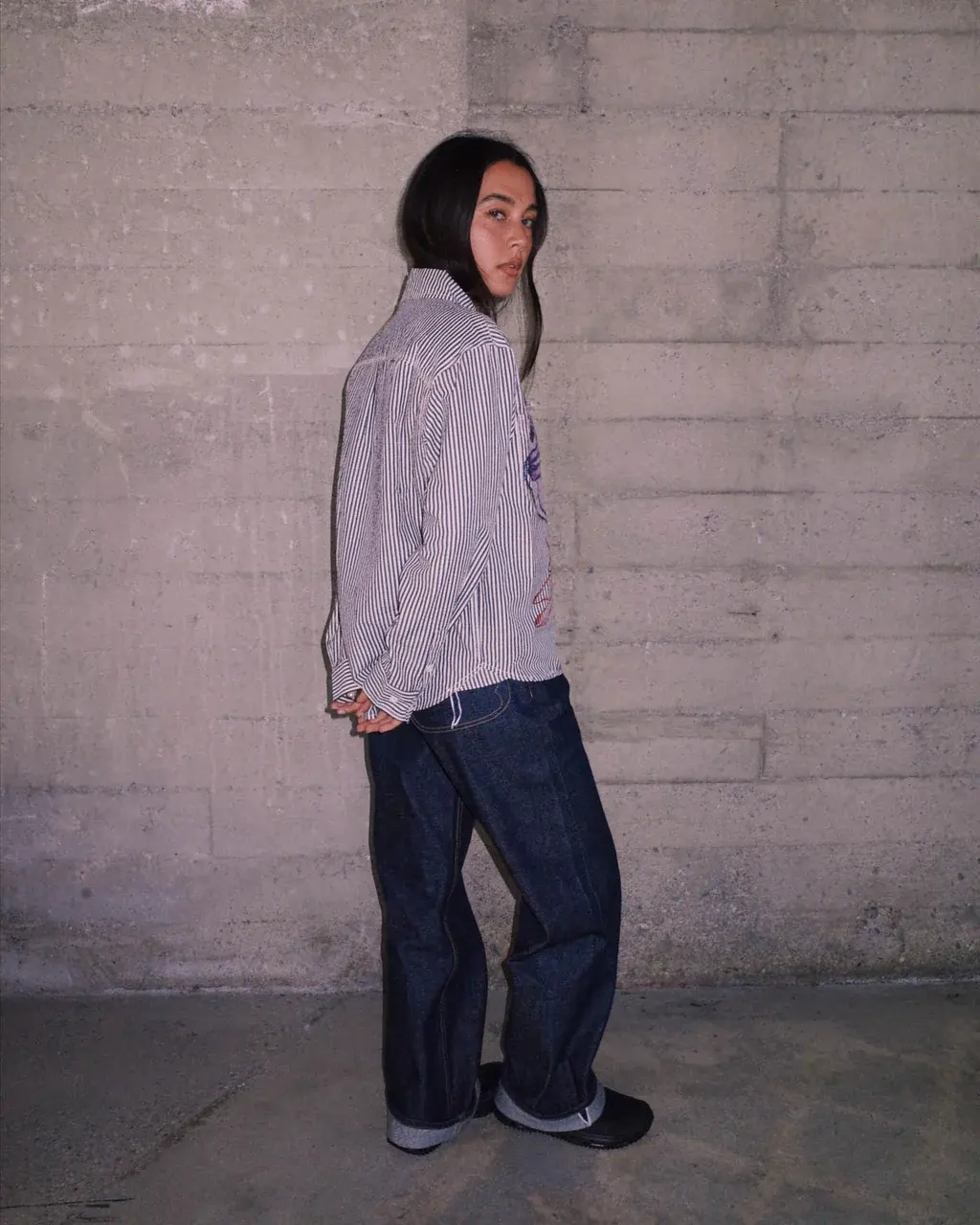 Brain Dead Angel Striped Half Zip Work Shirt Natural back view on model