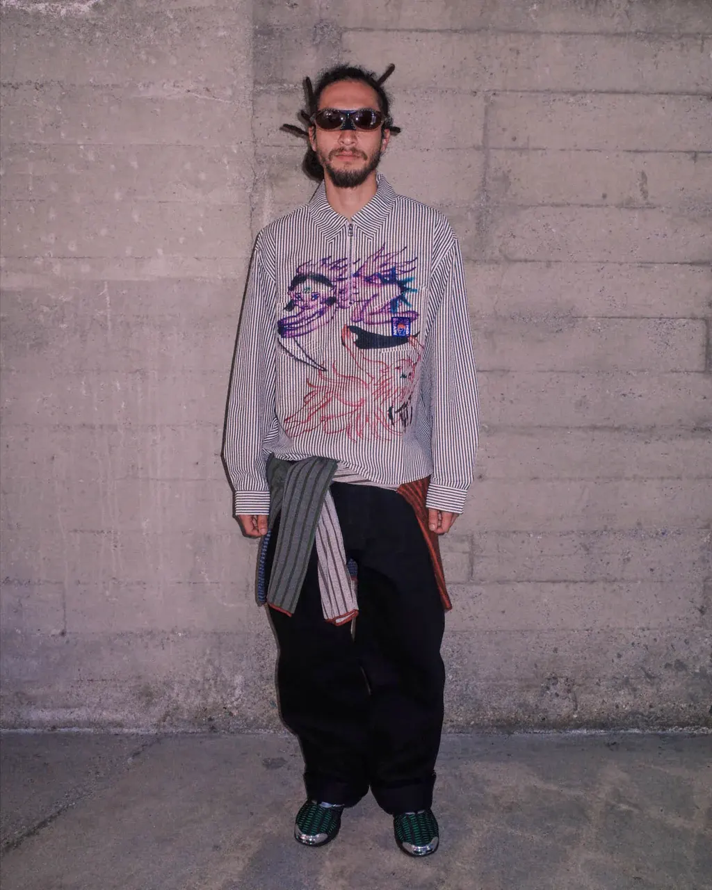 Brain Dead Angel Striped Half Zip Work Shirt Natural front view on model