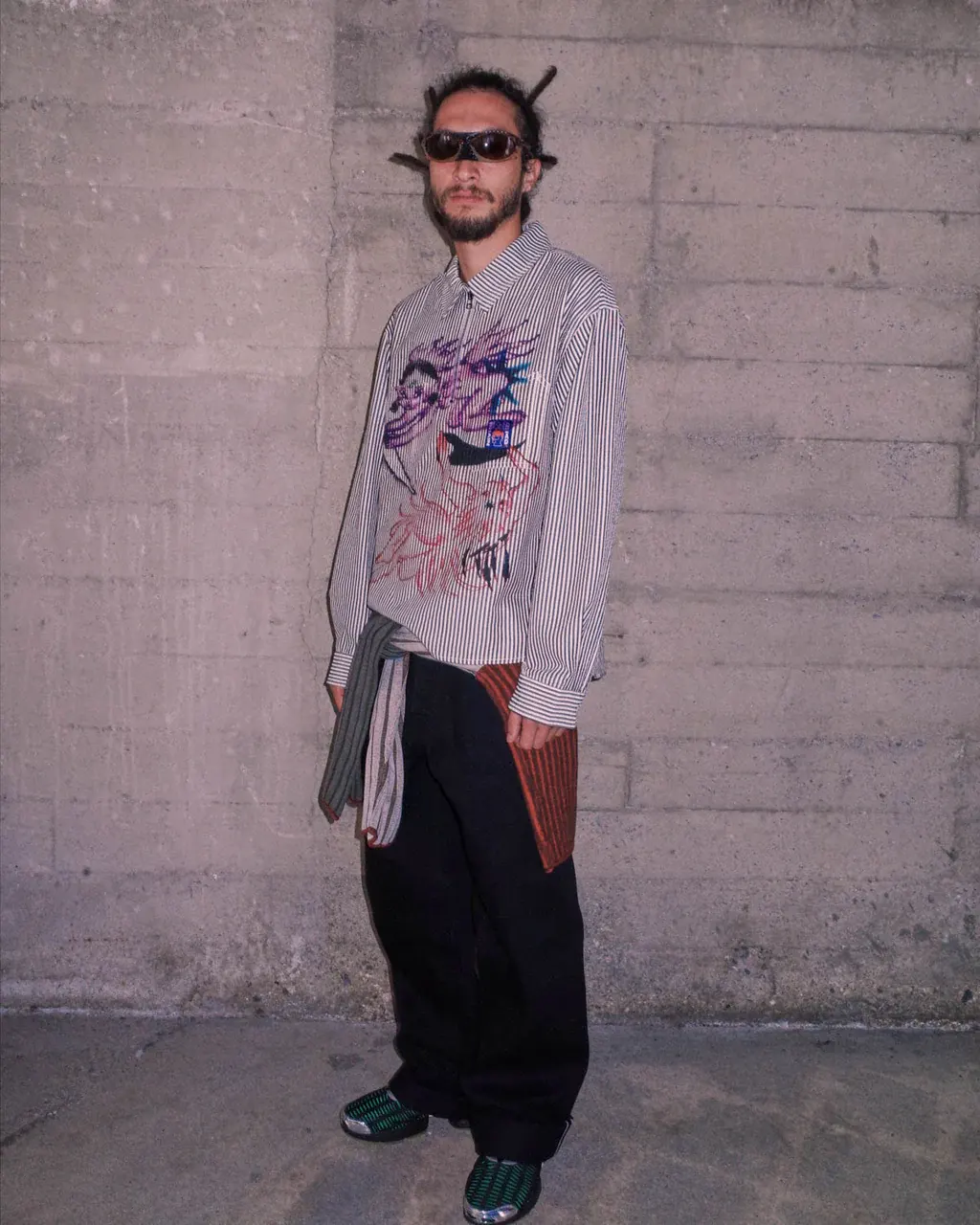 Brain Dead Angel Striped Half Zip Work Shirt Natural front view on model