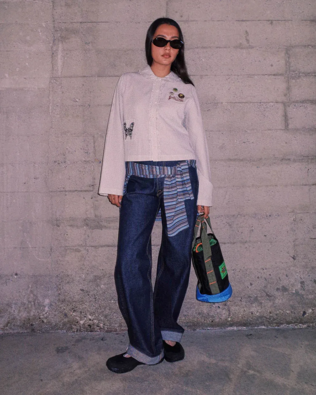 Brain Dead Bad Apple Button Up Shirt Natural front view on model