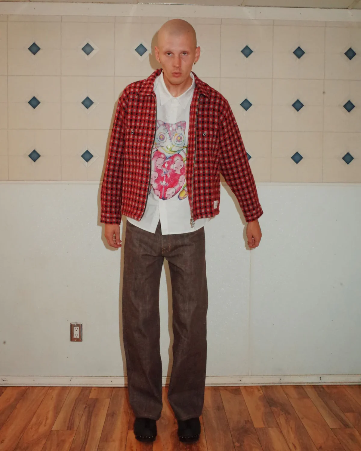 Brain Dead Check Mate Flannel Zip Shirt Black/Multi front view on model