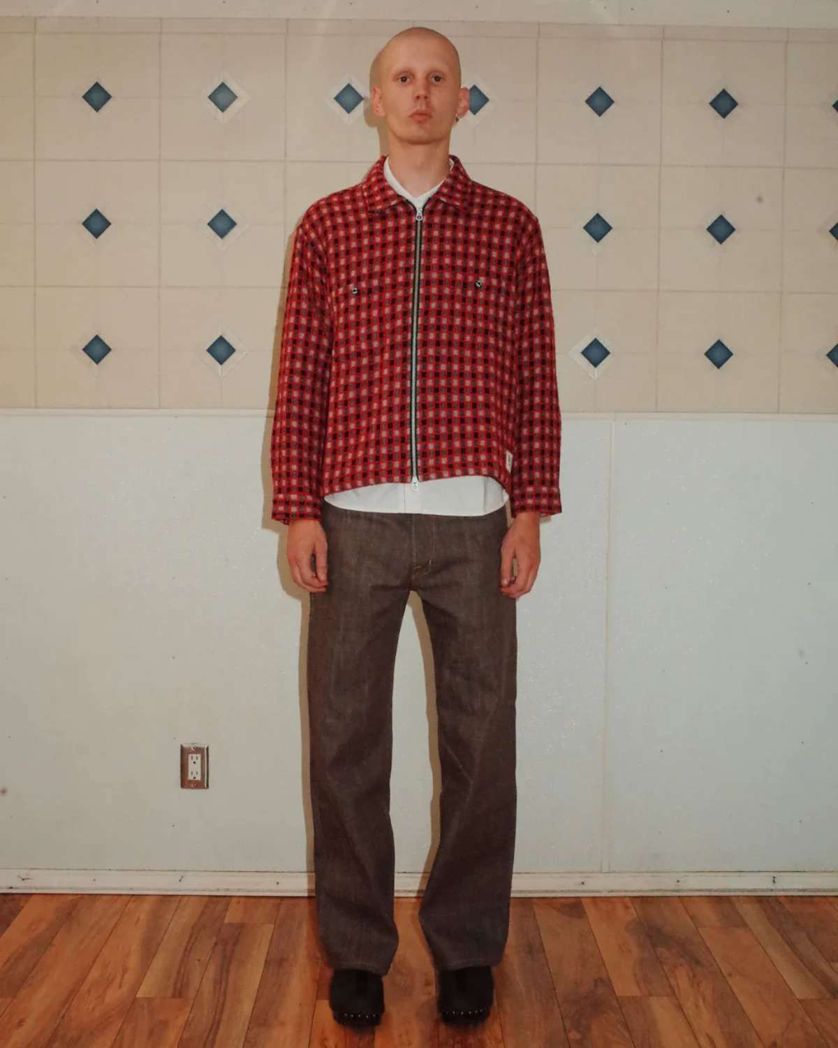 Brain Dead Check Mate Flannel Zip Shirt Black/Multi front view on model