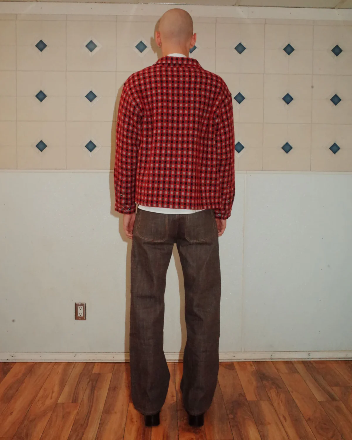 Brain Dead Check Mate Flannel Zip Shirt Black/Multi back view on model