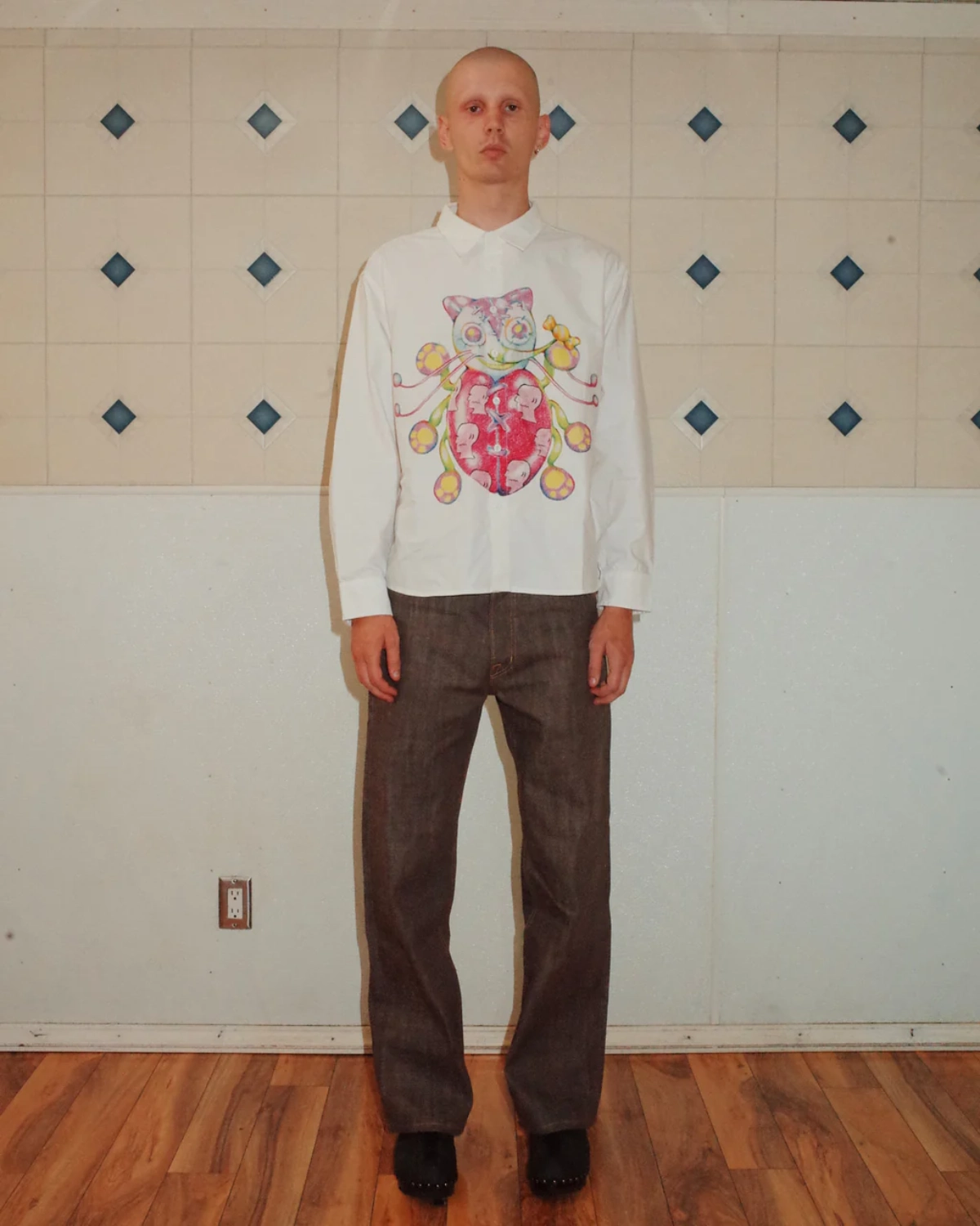 Brain Dead Gaspar Heart Button Up Oxford White front view on model