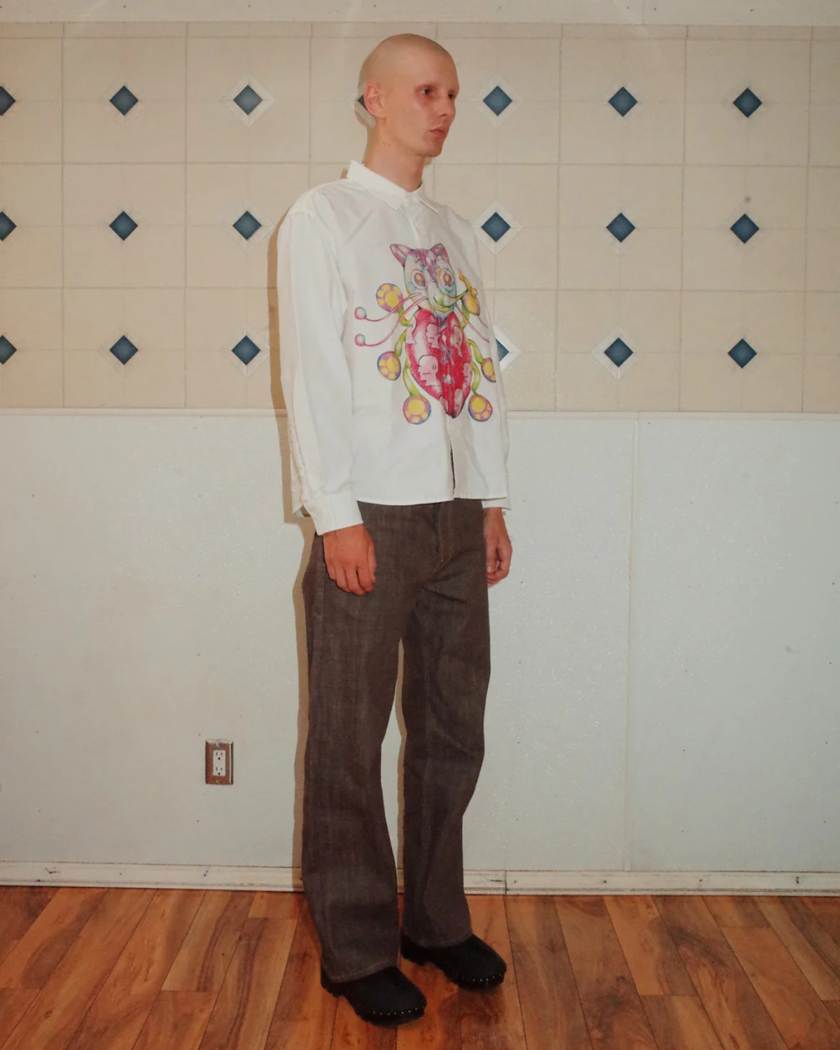 Brain Dead Gaspar Heart Button Up Oxford White side view on model