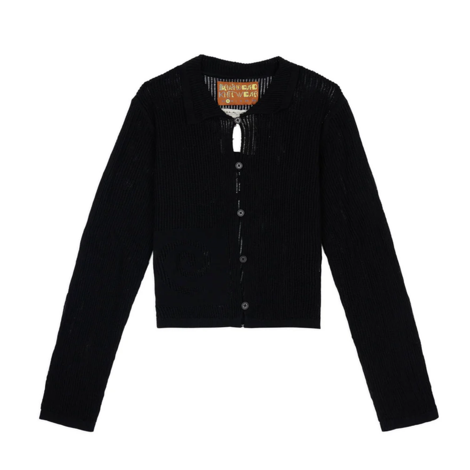 Brain Dead Mesh Knit Spiral Cardigan Black front view in a white background