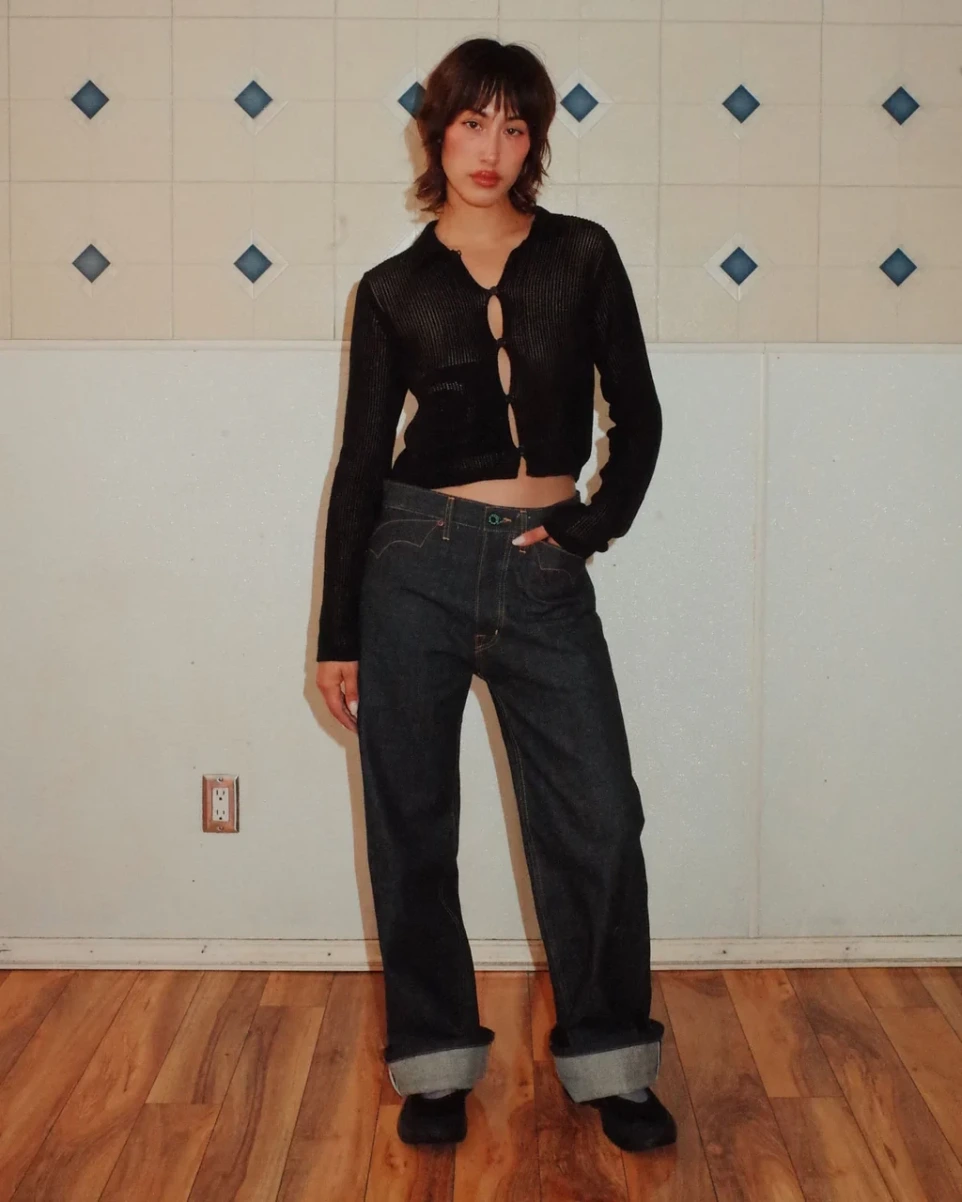 Brain Dead Mesh Knit Spiral Cardigan Black front view on model