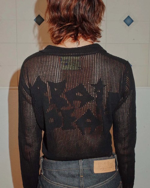 Brain Dead Mesh Knit Spiral Cardigan Black back view on model