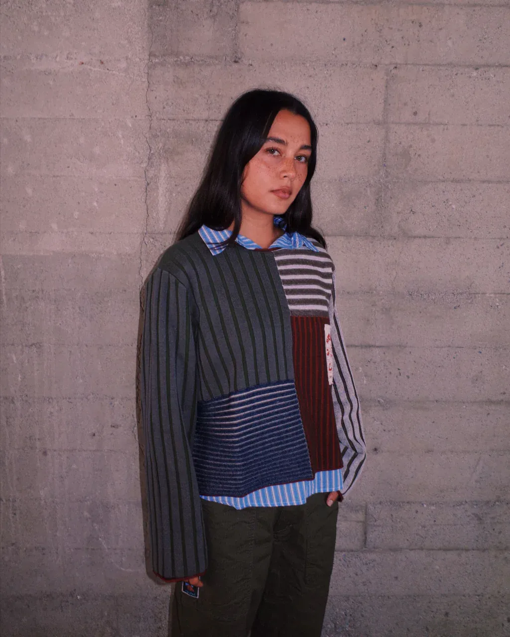 Brain Dead Mixed Stripe Boxy Knit Sweater Green Multi front view on model