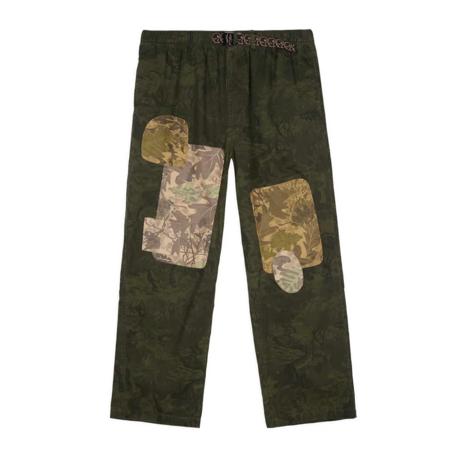 Brain Dead Patchwork Climber Pant Leaf Camo front view in a white background