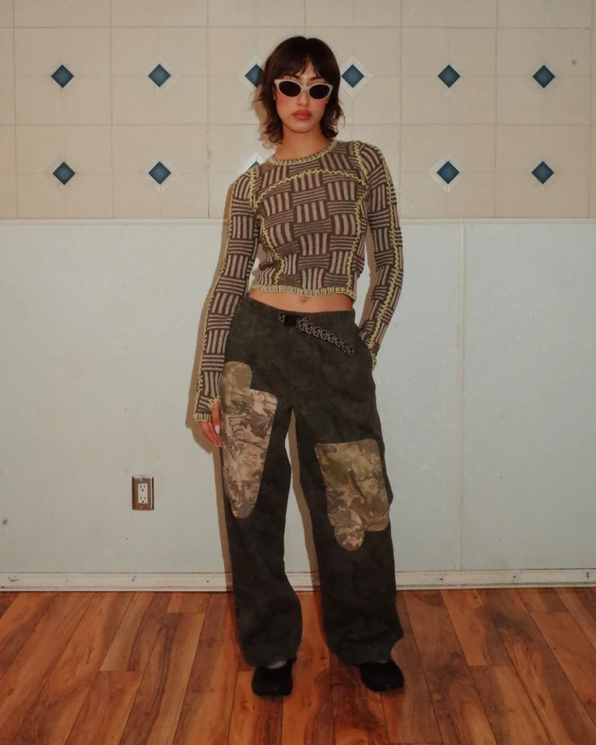 Brain Dead Patchwork Climber Pant Leaf Camo front view on model