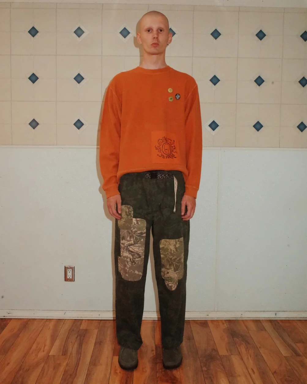 Brain Dead Patchwork Climber Pant Leaf Camo front view on model