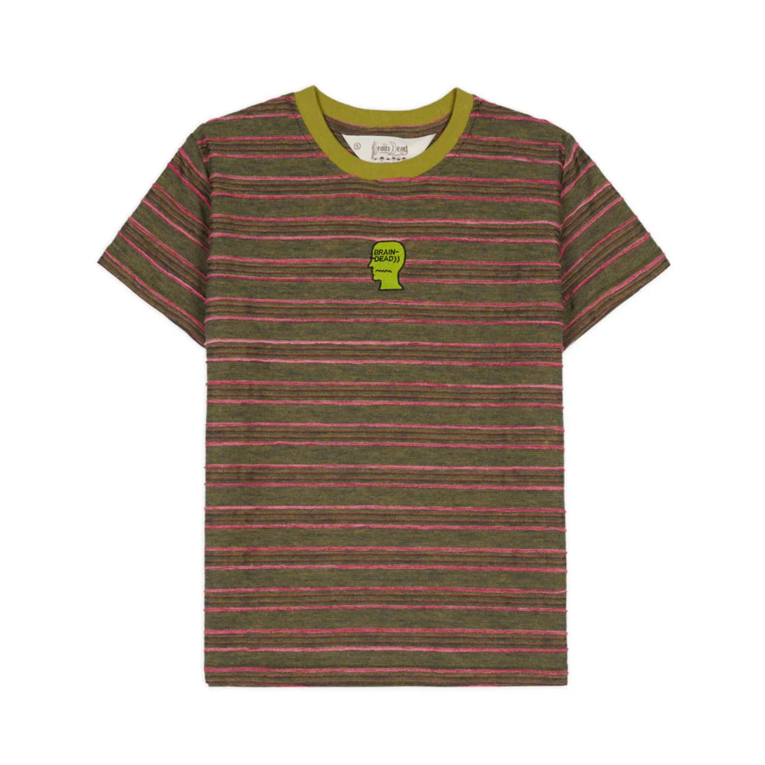 The Brain Dead Pudu Stripe Baby T-Shirt Green front view in a white background