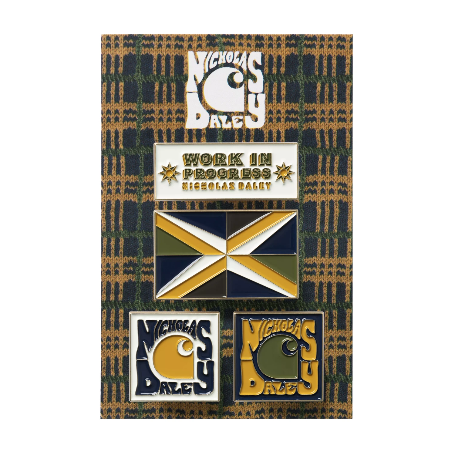 Carhartt WIP x Nicholas Daley Enamel Pin Badges Multi on packaging front view in a white background